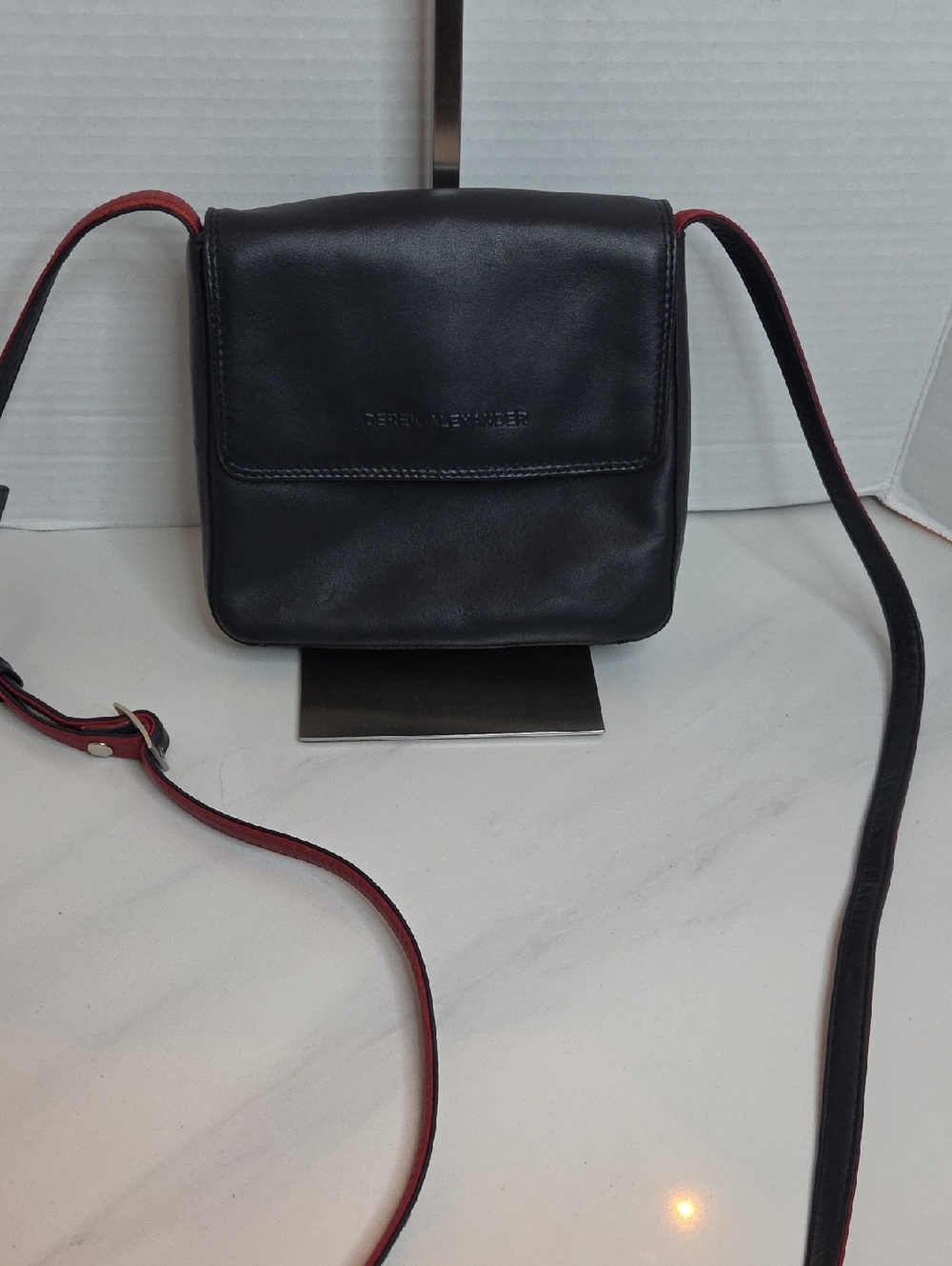 Derek Alexander Black Leather Crossbody with Red-Trim Strap